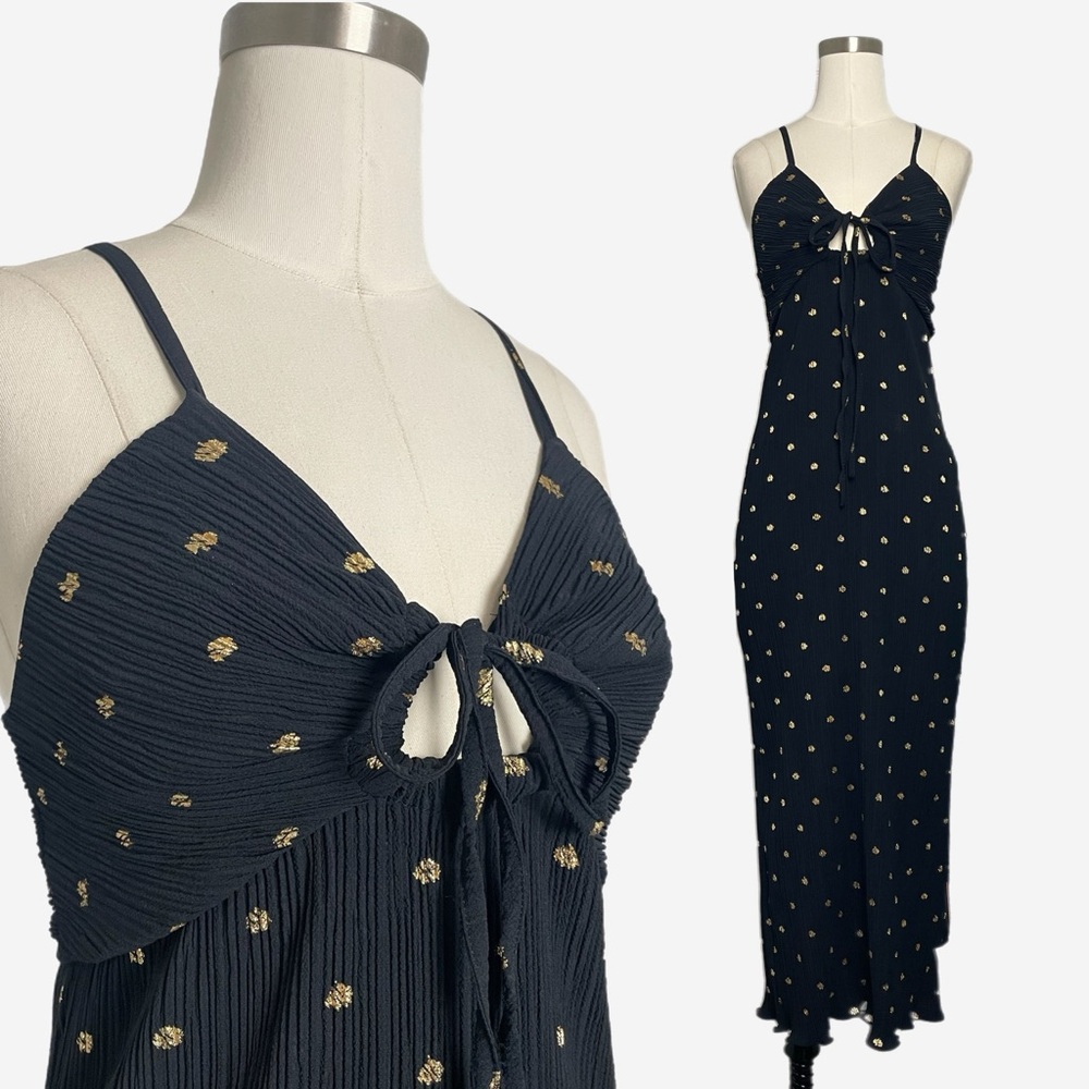 Never Fully Dressed NWT Black gold polka dot Plissé Midi dress cutout stretch 2